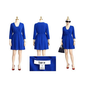 Bar III Royal Blue Wrap Dress 1X V Neck Empire Waist Long Sleeve NWT Flowy